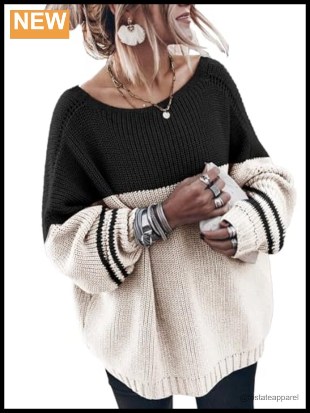 Womens Oversized Cotton Sweater Long Sleeve Loose Knit Crew Neck